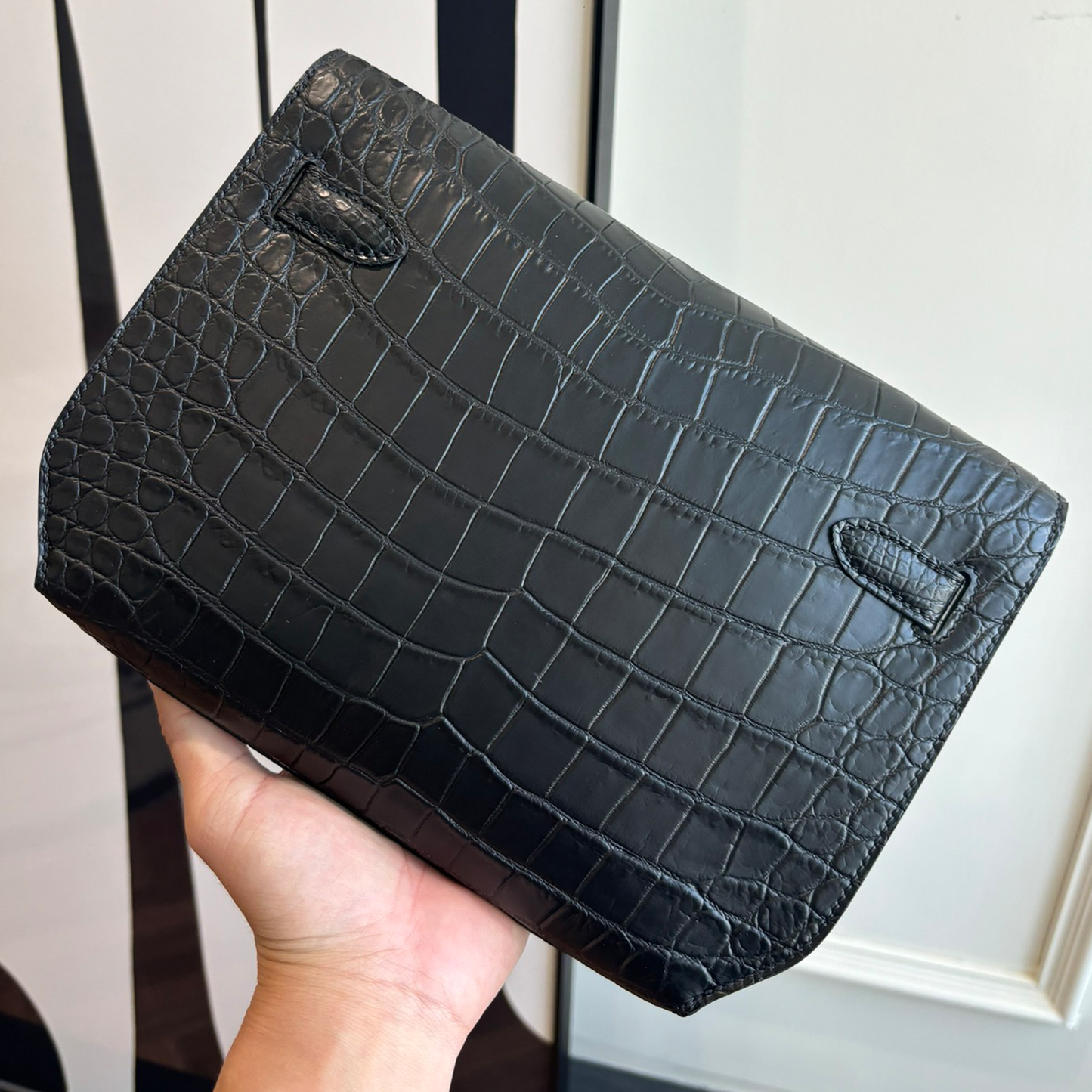 Glossy Jet Black Distinct Raised Scaled Slim Flat Rectangular Clutch Pouch With Stone Accent Silvery Twist Lock Hardware And Side Carry Fixture Tabs