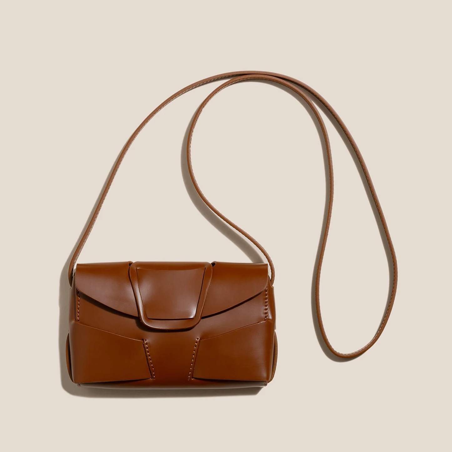 Warm Chestnut Brown Layered Geometric Slim Rectangular Mini Carry Pouch With Shaped Front Tab And Single Slim Hanging Carry Cord