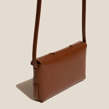 Warm Chestnut Brown Layered Geometric Slim Rectangular Mini Carry Pouch With Shaped Front Tab And Single Slim Hanging Carry Cord