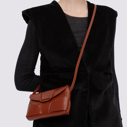 Warm Chestnut Brown Layered Geometric Slim Rectangular Mini Carry Pouch With Shaped Front Tab And Single Slim Hanging Carry Cord