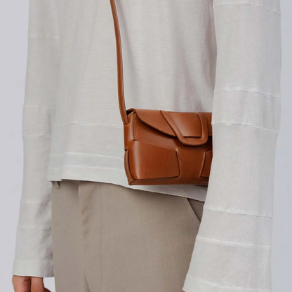 Warm Chestnut Brown Layered Geometric Slim Rectangular Mini Carry Pouch With Shaped Front Tab And Single Slim Hanging Carry Cord