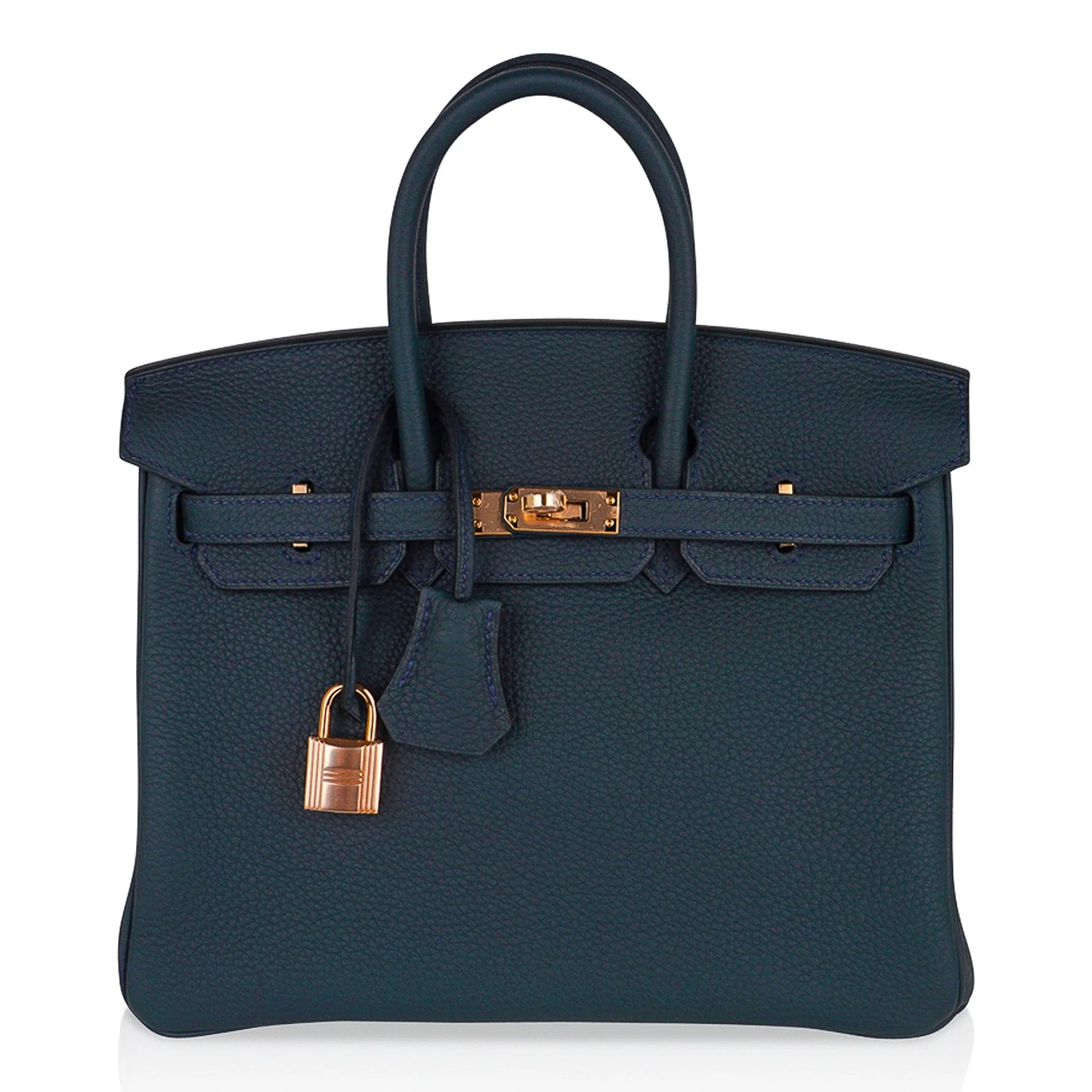 Deep Muted Teal Soft Uniform Pebbled Grain Medium Rigid Hand Tote With Indigo Contrast Stitching, Blush Rose Gold Twist Lock Hardware And Matching Teal Suspended Metal Padlock Charm