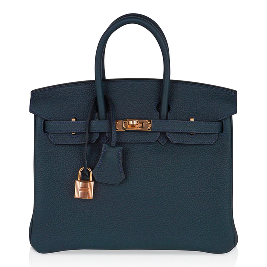 Deep Muted Teal Soft Uniform Pebbled Grain Medium Rigid Hand Tote With Indigo Contrast Stitching, Blush Rose Gold Twist Lock Hardware And Matching Teal Suspended Metal Padlock Charm