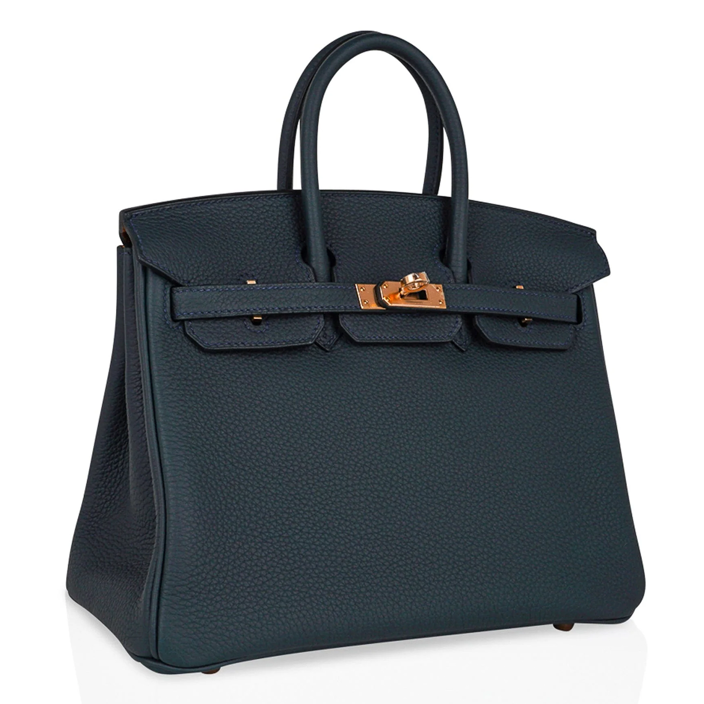 Deep Muted Teal Soft Uniform Pebbled Grain Medium Rigid Hand Tote With Indigo Contrast Stitching, Blush Rose Gold Twist Lock Hardware And Matching Teal Suspended Metal Padlock Charm