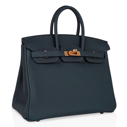 Deep Muted Teal Soft Uniform Pebbled Grain Medium Rigid Hand Tote With Indigo Contrast Stitching, Blush Rose Gold Twist Lock Hardware And Matching Teal Suspended Metal Padlock Charm