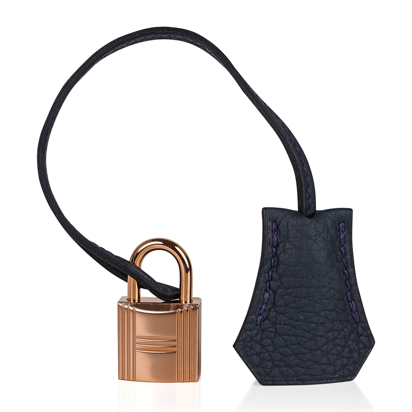 Deep Muted Teal Soft Uniform Pebbled Grain Medium Rigid Hand Tote With Indigo Contrast Stitching, Blush Rose Gold Twist Lock Hardware And Matching Teal Suspended Metal Padlock Charm