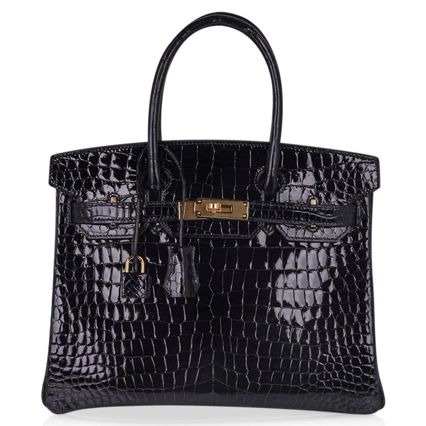 Sleek Jet Black Glossy Raised Grid Scale Medium Structured Hand Tote With Luminous Golden Twist Lock Hardware And Matching Scaled Suspended Metal Padlock Charm