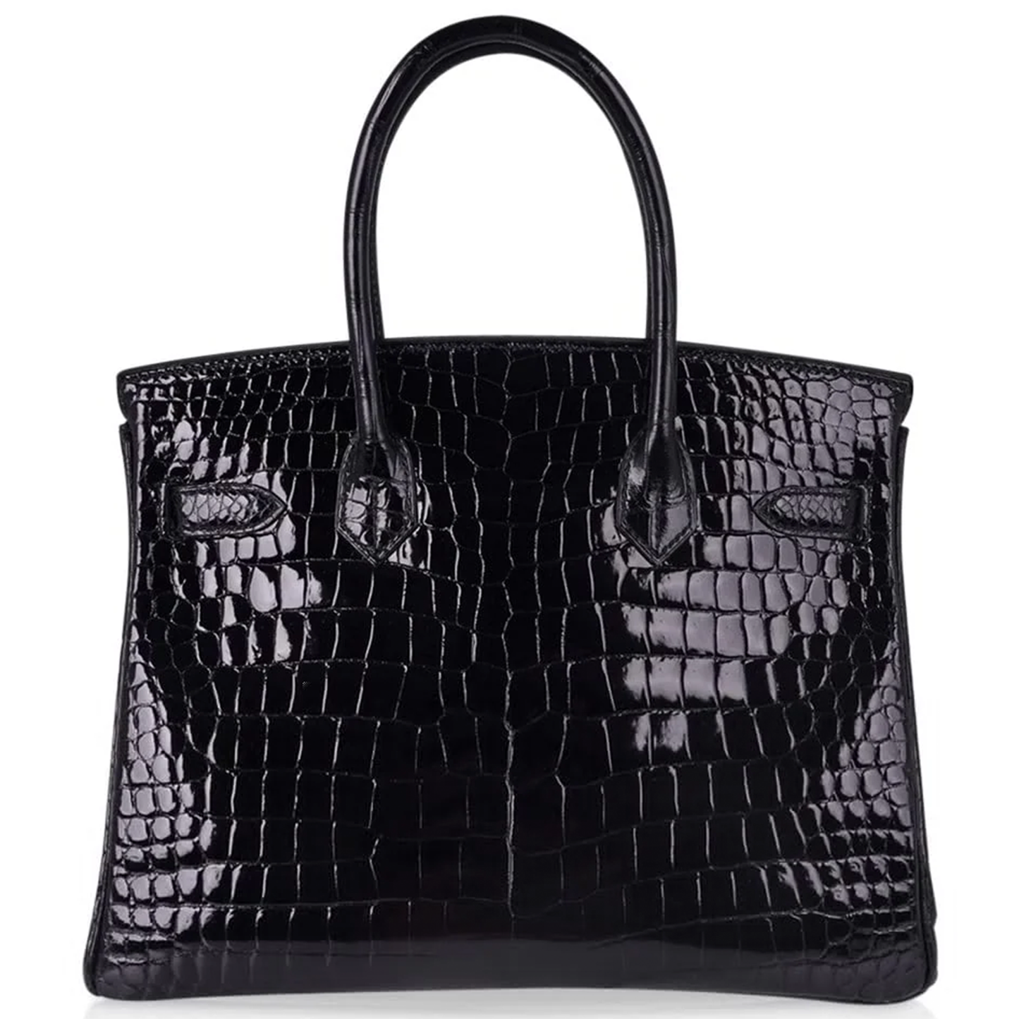 Sleek Jet Black Glossy Raised Grid Scale Medium Structured Hand Tote With Luminous Golden Twist Lock Hardware And Matching Scaled Suspended Metal Padlock Charm